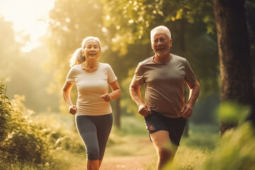 Wall Mural - Senior mature old couple going for a run in park. Healthy life, active pensioners. Long life. Generative AI.