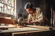 © VisualProduction - Smart indian contractor hand use sawing machine wood work house renovation background home improvement ideas concept. Generative AI.