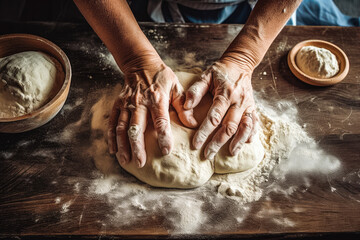 Close up of two hands making a pizza dough. Woman making dough from flour for bread, pastry, cuisine. Wooden table. Generative AI.