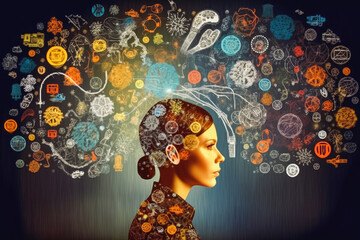 woman developing her emotional intelligence, thinking process. double exposure concept illustration.