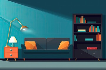 Canvas Print - cozy living room with a comfortable couch and a stylish book shelf. Generative AI