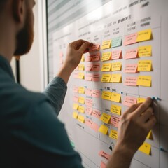 Business developer hand using board framework on virtual modern computer showing innovation Agile software development lean project management tool for fast changes concept. generative ai