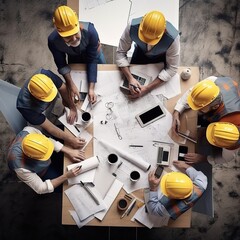 Canvas Print - Group of Industrial Engineers Examine machinery blueprints, solve architectural problems, consult project on tablet computer, inspect metal components while leaning on the office table. generative ai