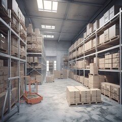 Canvas Print - warehouse interior with shelves, pallets and boxes. generative ai