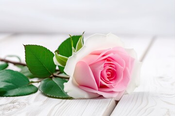 Sticker - beautiful pink rose with green leaves on a clean white table. Generative AI