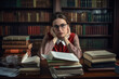 © aicandy - beautiful librarian sitting at a desk, surrounded by books and papers, with a thoughtful expression as she works diligently, generative ai