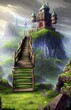 Old castle on the hill with wooden stairs. Digital painting illustration.