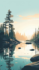 Wall Mural - Beautiful lake in pine tree forest illustration