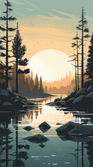 Wall Mural - Beautiful lake in pine tree forest illustration