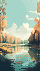 Wall Mural - Beautiful lake in pine tree forest illustration