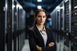 © aicandy - Portrait of a beautiful Information Security Analyst standing confidently in front of a server room with a blurred background, generative ai
