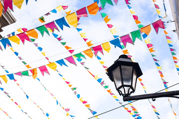 Decorative colorful flags are seen in the ornamentation of the Sao Joao festivities