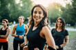 © aicandy - portrait of a health educator with a group of women, wearing a fitness tracker on her wrist and leading a fun and energetic workout session in a park, generative ai