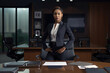 © aicandy - Portrait of a stunning and intelligent compliance officer in a corporate boardroom, exuding power and authority with her sharp suit, high heels, and assertive posture, generative ai