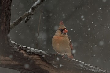 Wall Mural - snowy winter scene with a bird resting on a tree branch. Generative AI