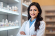 © aicandy - Smart and professional female pharmacist in a lab coat holding a medicine bottle and looking at the camera with a friendly expression, generative ai