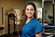 © aicandy - Smiling portrait of a young Physical Therapy Assistant wearing blue scrubs with a stethoscope around her neck, standing in front of a rehabilitation gym, generative ai