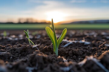 Poster - close up of a green leafy plant growing in soil. generative ai