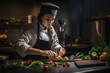 © aicandy - talented chef in her element, chopping fresh vegetables with precision and focus in a bustling kitchen filled with delicious aromas, generative ai
