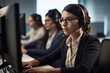 © aicandy - woman customer service representative, wearing a headset and sitting at a desk with a computer screen and paperwork, looking focused and determined, generative ai