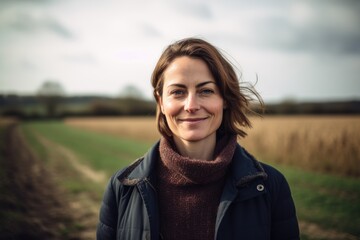 portrait photography of a grinning woman in her 30s wearing a chic cardigan against a countryside or