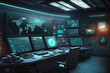 © karina_lo - Control room with screens and computers, interior of command center, generative AI.