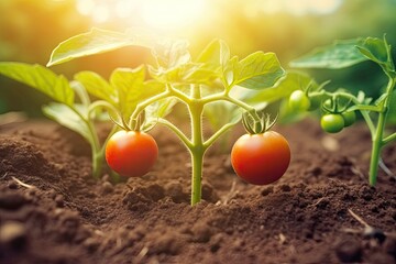 Poster - two ripe tomatoes growing in a garden bed. Generative AI