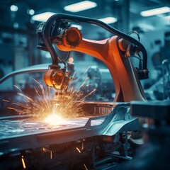 industrial robots welding part in factory