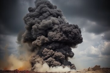 Poster - massive plume of dark smoke rising into the sky. Generative AI