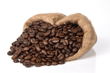 Poster - sack of freshly roasted coffee beans on a clean white background. Generative AI