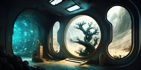 Wall Mural - futuristic interior of spaceship inside of hallway. superlative generative ai image.