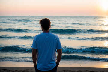 A person with their back turned, wearing casual clothes, looking out at a vast and tranquil ocean. Generative AI