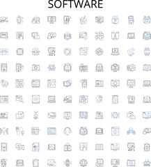 Software outline icons collection. Software, Program, Application, Programing, Code, Software-Development, Operating-System vector illustration set. Solutions, Automation, Platform linear signs