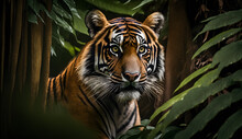 Sumatran Tiger Looking At The Camera,tiger Walking In Tropical Forest Conservation .generative Ai