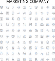  Marketing company outline icons collection. Marketing, Company, Advertising, Promotion, Strategies, Branding, Consultancy vector illustration set. Consumers, Services, Brand linear signs