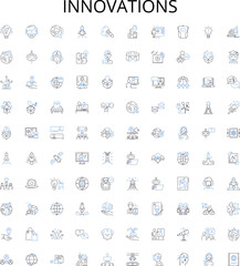  Innovations outline icons collection. Invent, Advance, Improve, Create, Develop, Refine, Craft vector illustration set. Originate, Pioneer, Reengineer linear signs