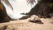 Glamping. A camping tent on the beach with a beautiful view, white sand, ocean, sea and palm trees. Concept of tourism and hiking. Сreated with Generative AI