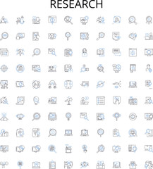 Research outline icons collection. Research, Investigation, Exploration, Analysis, Study, Inquiry, Assay vector illustration set. Breakdown, Examine, Survey linear signs