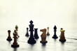© alexkich - Chess game with black and white wooden chips on wooden board. At sunset. Realistic.