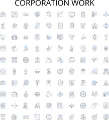  Corporation work outline icons collection. Corporate, work, management, business, organization, company, structure vector illustration set. operations, finance, HR linear signs