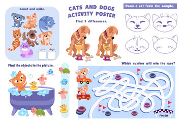 Cats and dogs activity poster. Connect pairs, maze, find differences, write numbers. Color games for kids in preschool. Cute cartoon characters. 