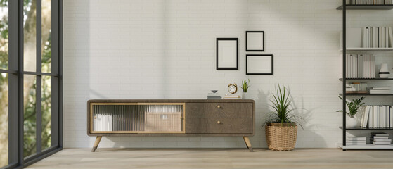 Canvas Print - minimal scandinavian living room interior design with modern minimal wood cabinet