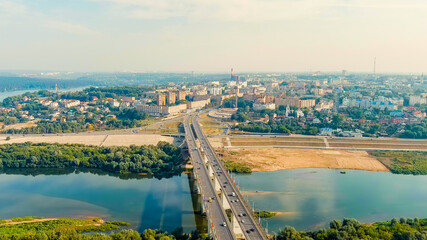 Wall Mural - Kaluga, Russia. Entrance to the city center of Kaluga Gagarin interchange and Gagarin bridge, Aerial View