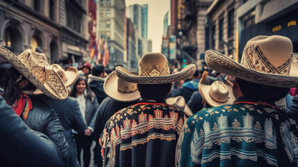 Wall Mural - Mexican Independence. Cinco de mayo. Mexican men wearing traditional mariachi clothing playing guitar. Generative AI.