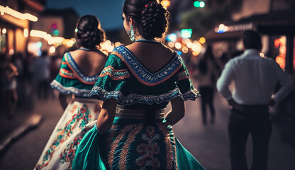 Wall Mural - Colorful skirts fly during traditional Mexican dancing. Generative AI