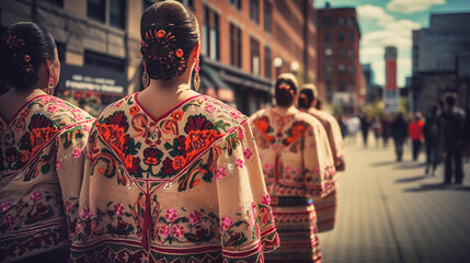 Wall Mural - Colorful skirts fly during traditional Mexican dancing. Generative AI