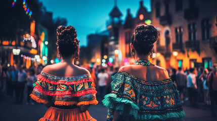 Wall Mural - Colorful skirts fly during traditional Mexican dancing. Generative AI