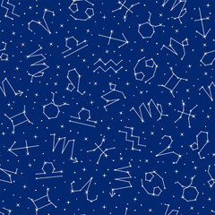 Wall Mural - Night sky celestial constellations seamless pattern texture, astrological symbols. Astrological, horoscope symbols, constellations of sparkling stars on dark blue background vector illustration