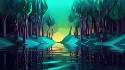 neon 3d abstract landscape virtual reality metaverse world, background with glowing geometric shapes and seascape, terrain, neon water, heavy glow,  panoramic view, futuristic world, colorful glow