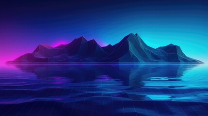 neon 3d abstract landscape virtual reality metaverse world, background with glowing geometric shapes and seascape, terrain, neon water, heavy glow,  panoramic view, futuristic world, colorful glow